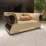 Modern Luxury Seating Collection with Natural Wood Veneer, Handwoven Craftsmanship & Gold Stainless Steel Accents